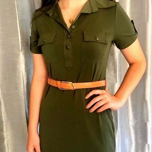 Army green dress with brown belt